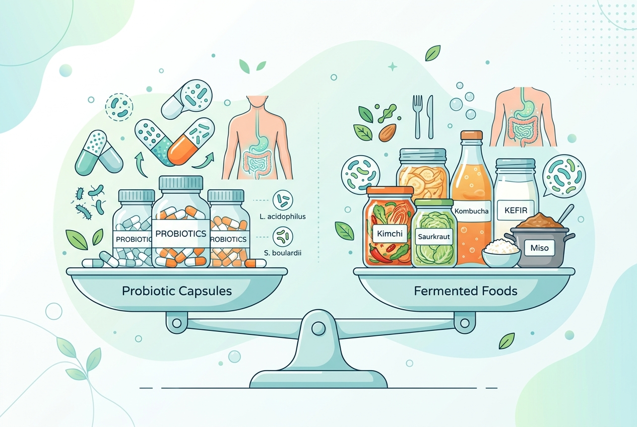 Visual comparison of probiotic supplements versus fermented foods for gut health