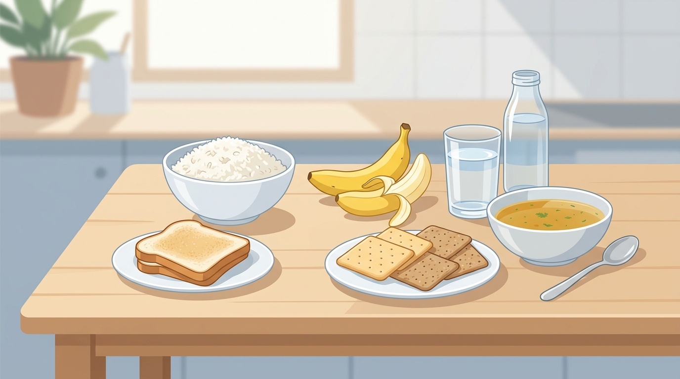 Bland recovery foods including bananas, rice, toast, broth, and water arranged on a kitchen table.
