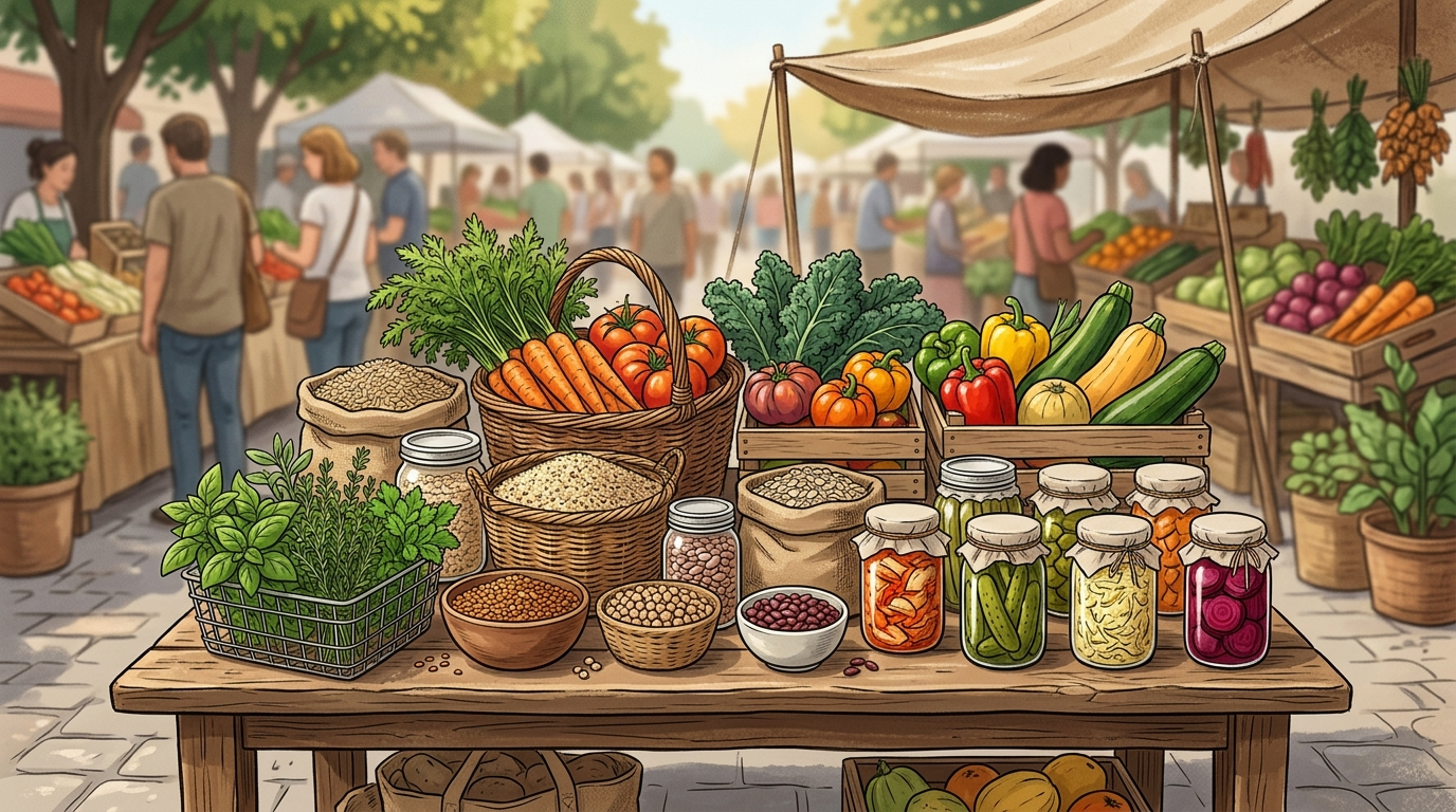 Seasonal vegetables, legumes, grains, and fermented foods displayed at a farmers market table.