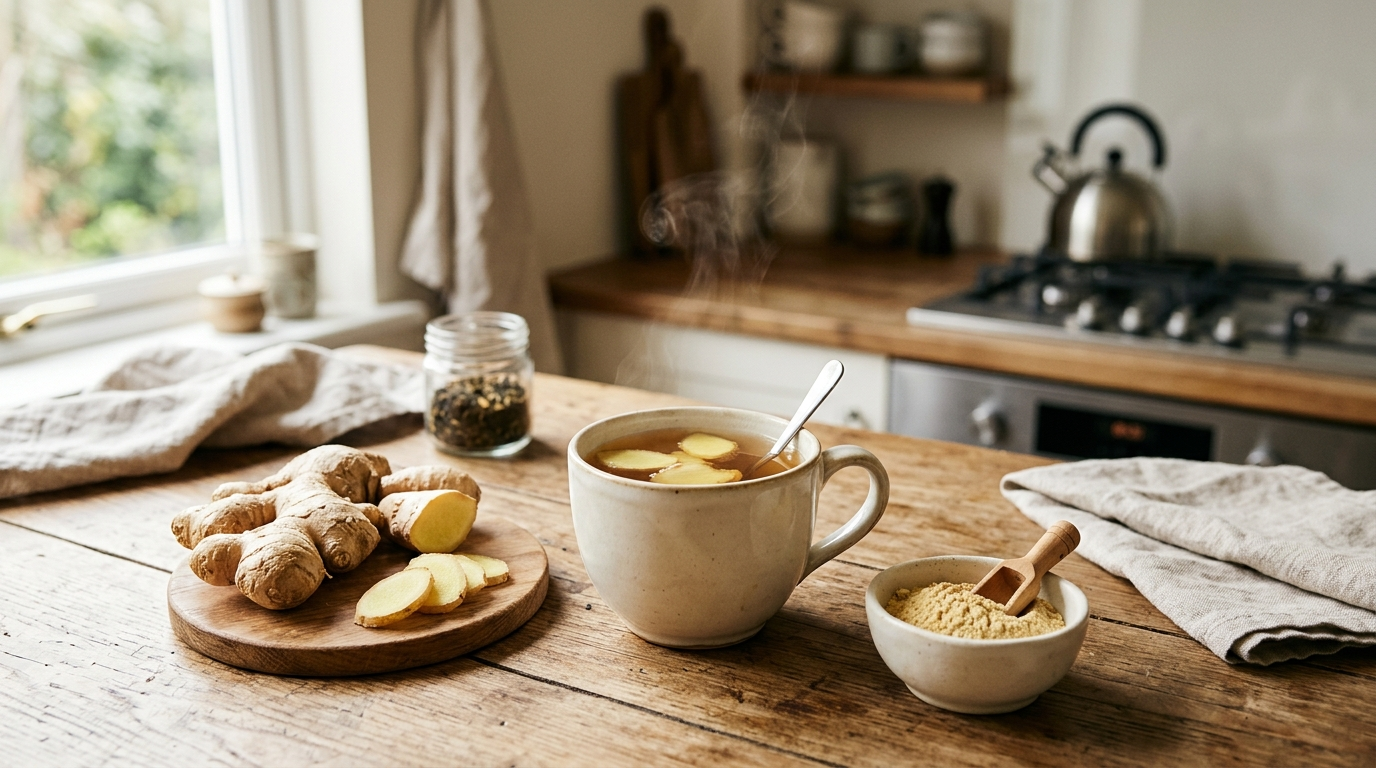 Fresh ginger, ginger tea, and ginger powder arranged on a kitchen counter.