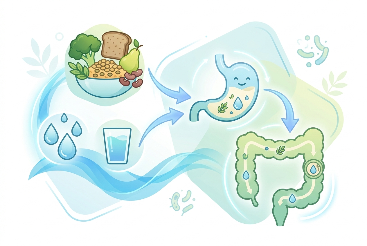 Illustration of water, fiber foods, stomach, and colon connected as part of normal digestion.