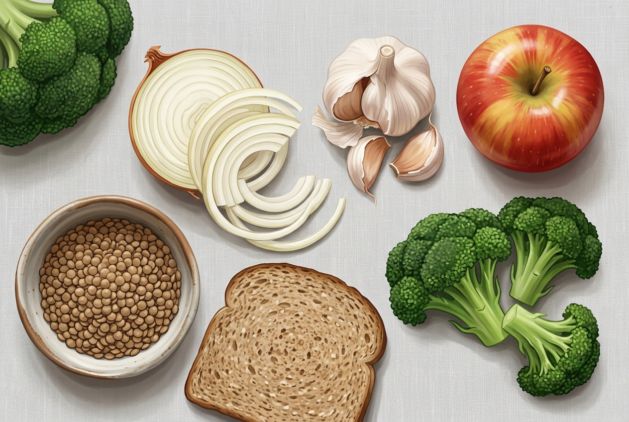 Common high-FODMAP foods including onion, garlic, apple, broccoli, lentils, and wheat bread that can trigger gas and bloating
