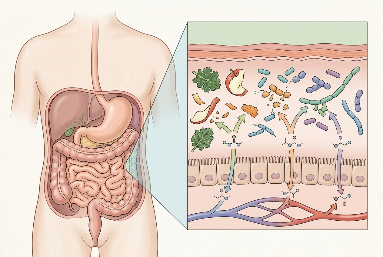 Illustration of plant fiber fermentation by gut bacteria producing short-chain fatty acids.