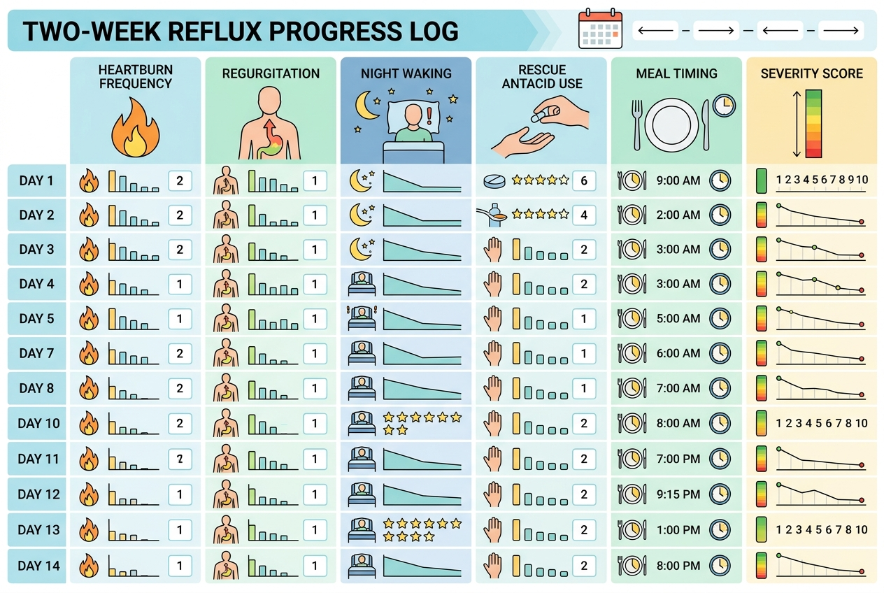 Two-week reflux progress log showing daily symptom and timing columns.
