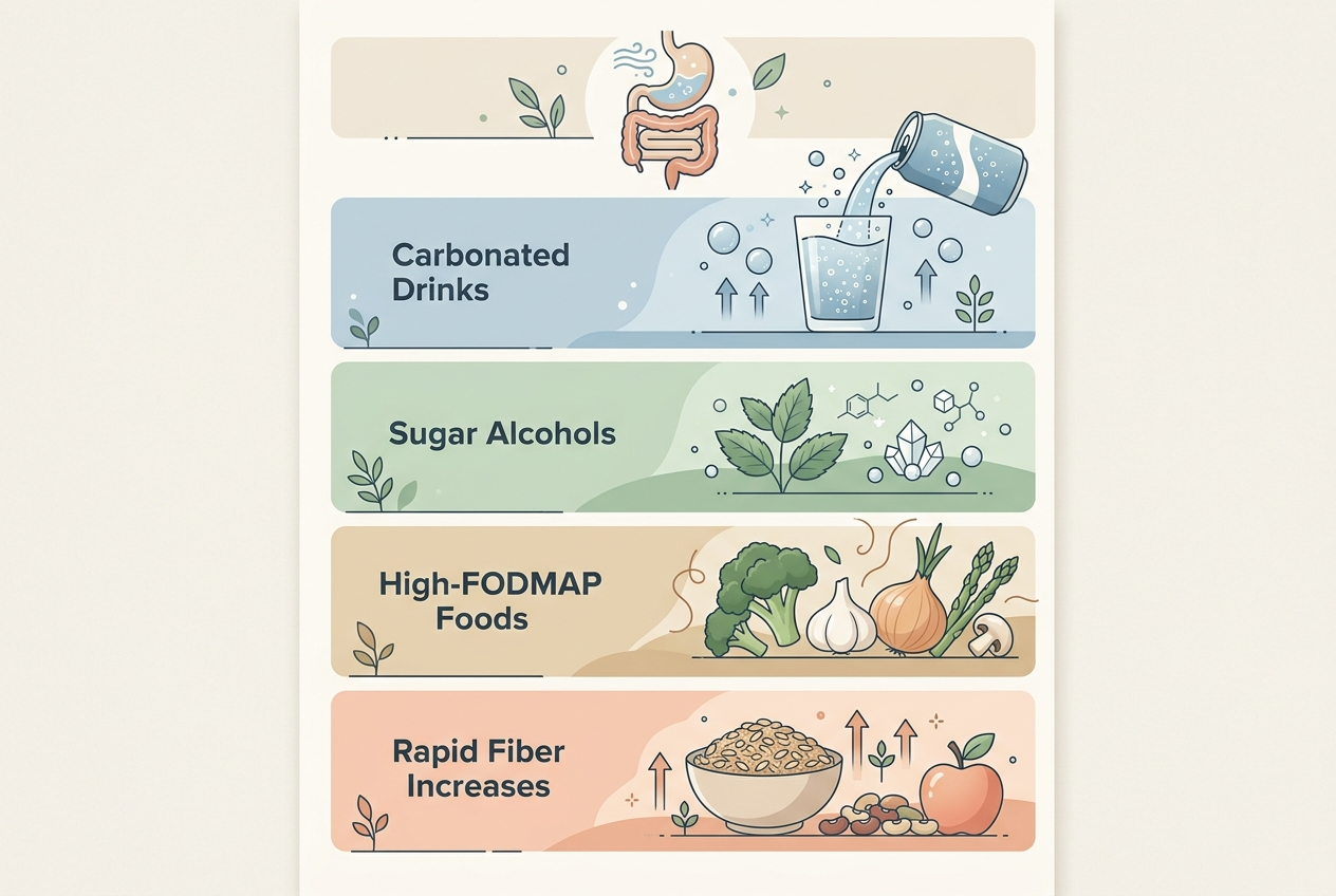 Educational graphic showing common bloating trigger categories including carbonation, sugar alcohols, FODMAPs, and rapid fiber increases.