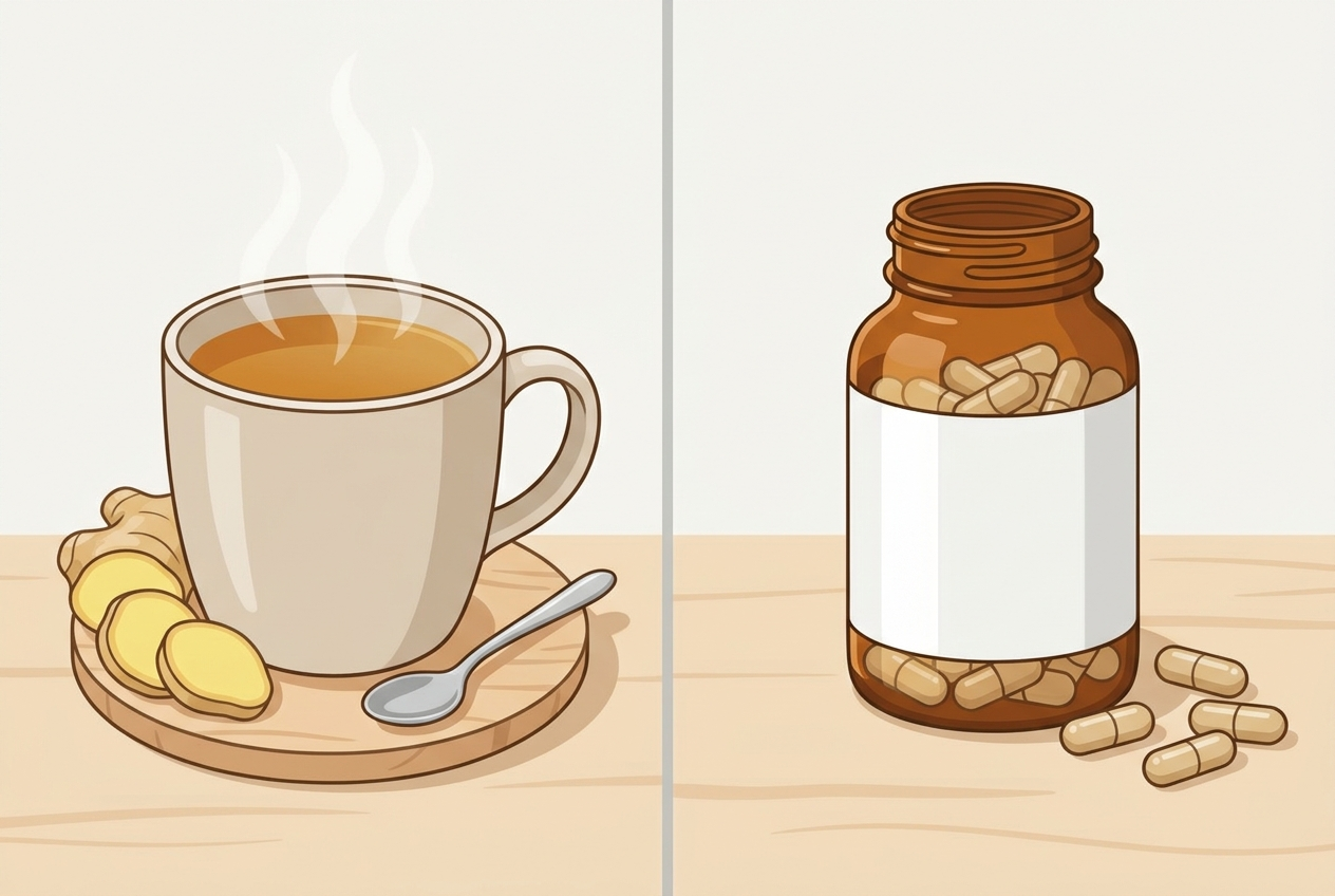 Comparison of brewed ginger tea and a ginger supplement capsule format.