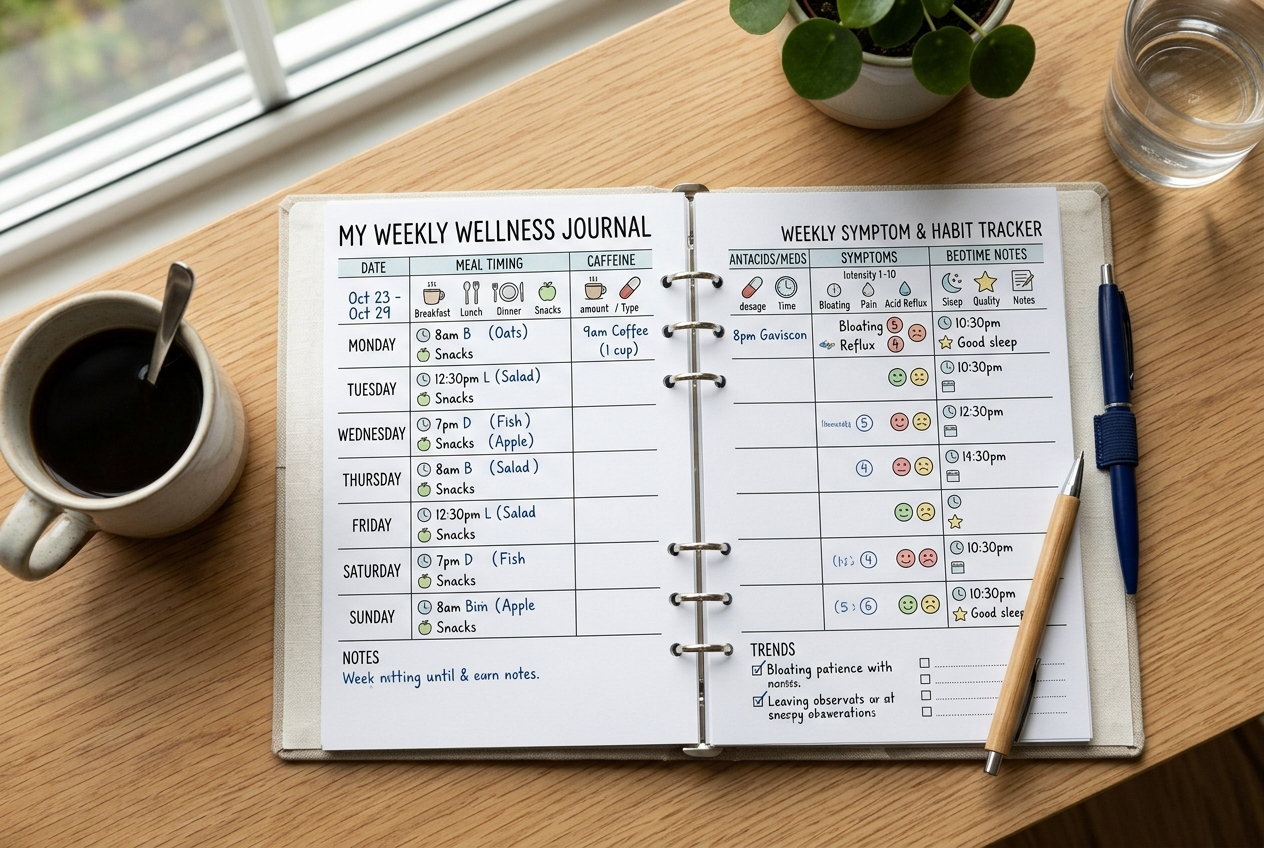 Weekly symptom tracker showing meal timing, caffeine intake, and antacid use