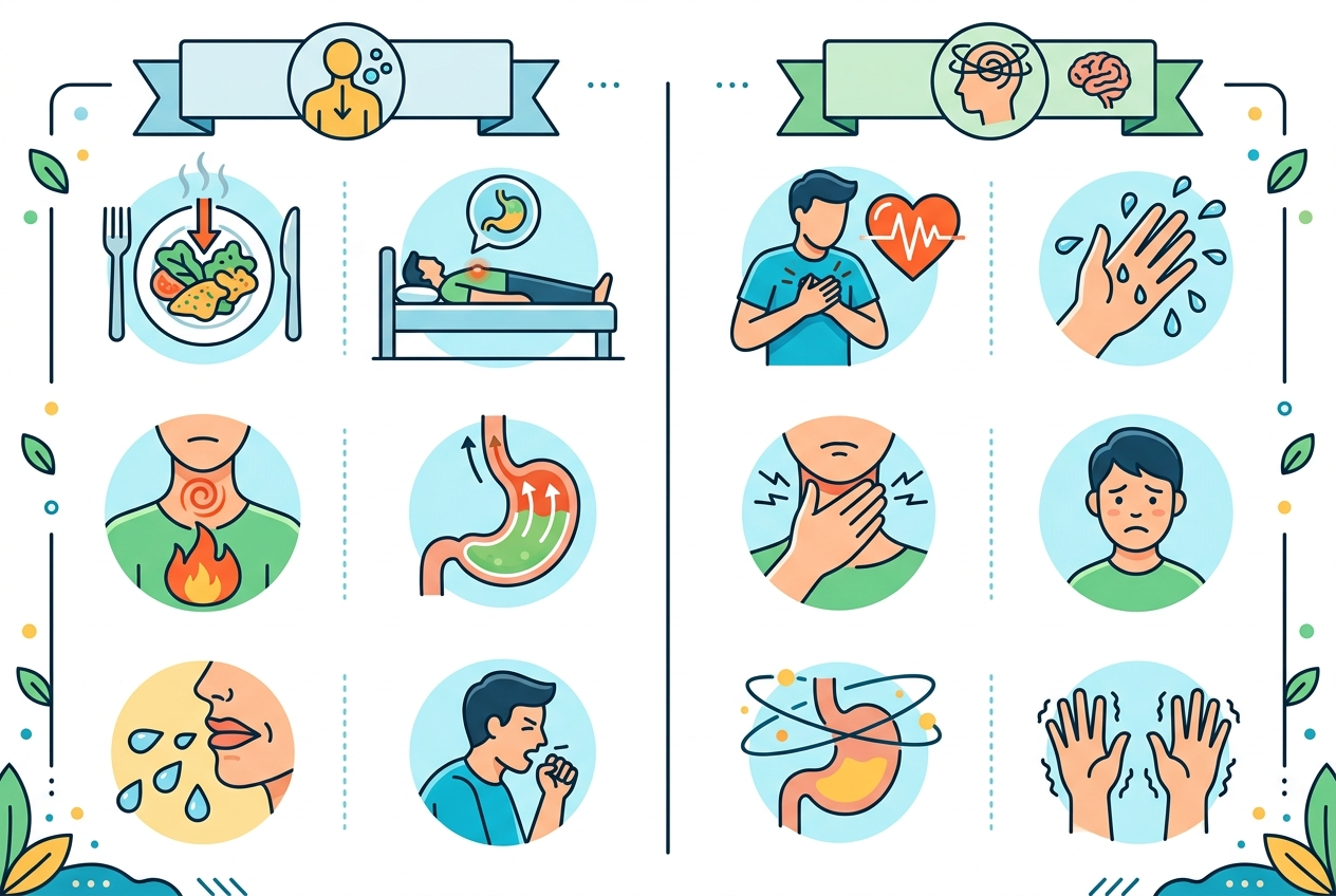 Comparison infographic showing the main clues that point toward acid reflux versus anxiety.