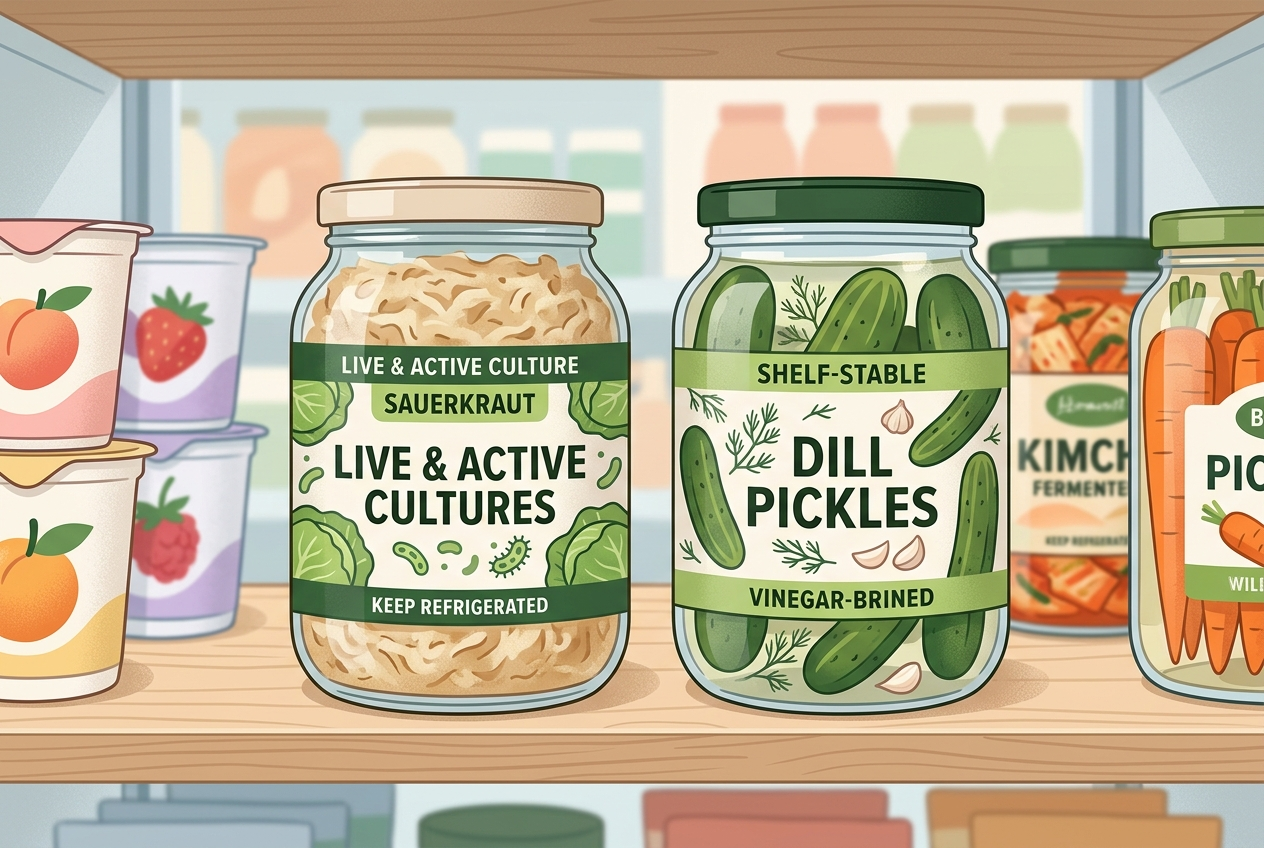 Infographic comparing probiotic foods by live-culture consistency, tolerance, and ease of daily use.