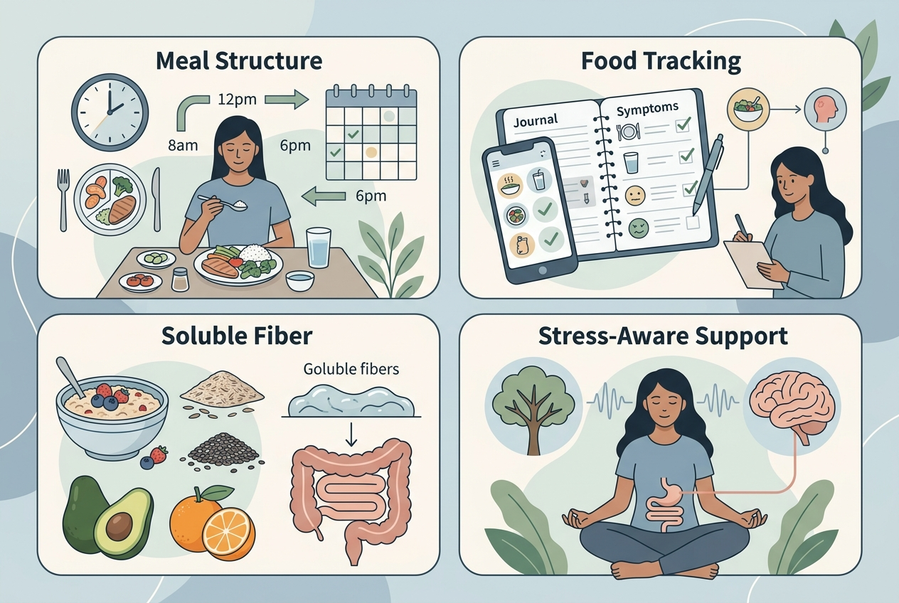 Graphic showing the main evidence-backed pillars of IBS symptom management.