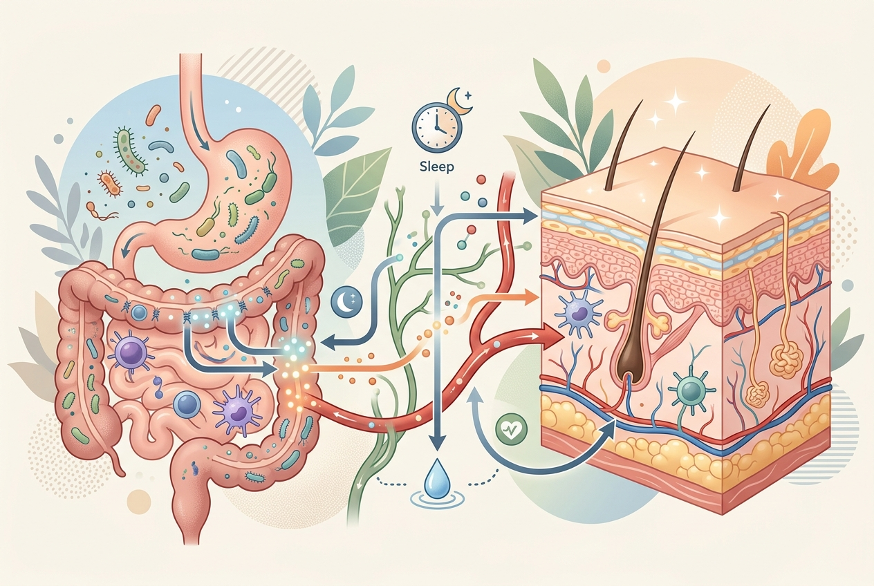 Educational illustration of the gut-skin connection and the daily factors that influence both systems.