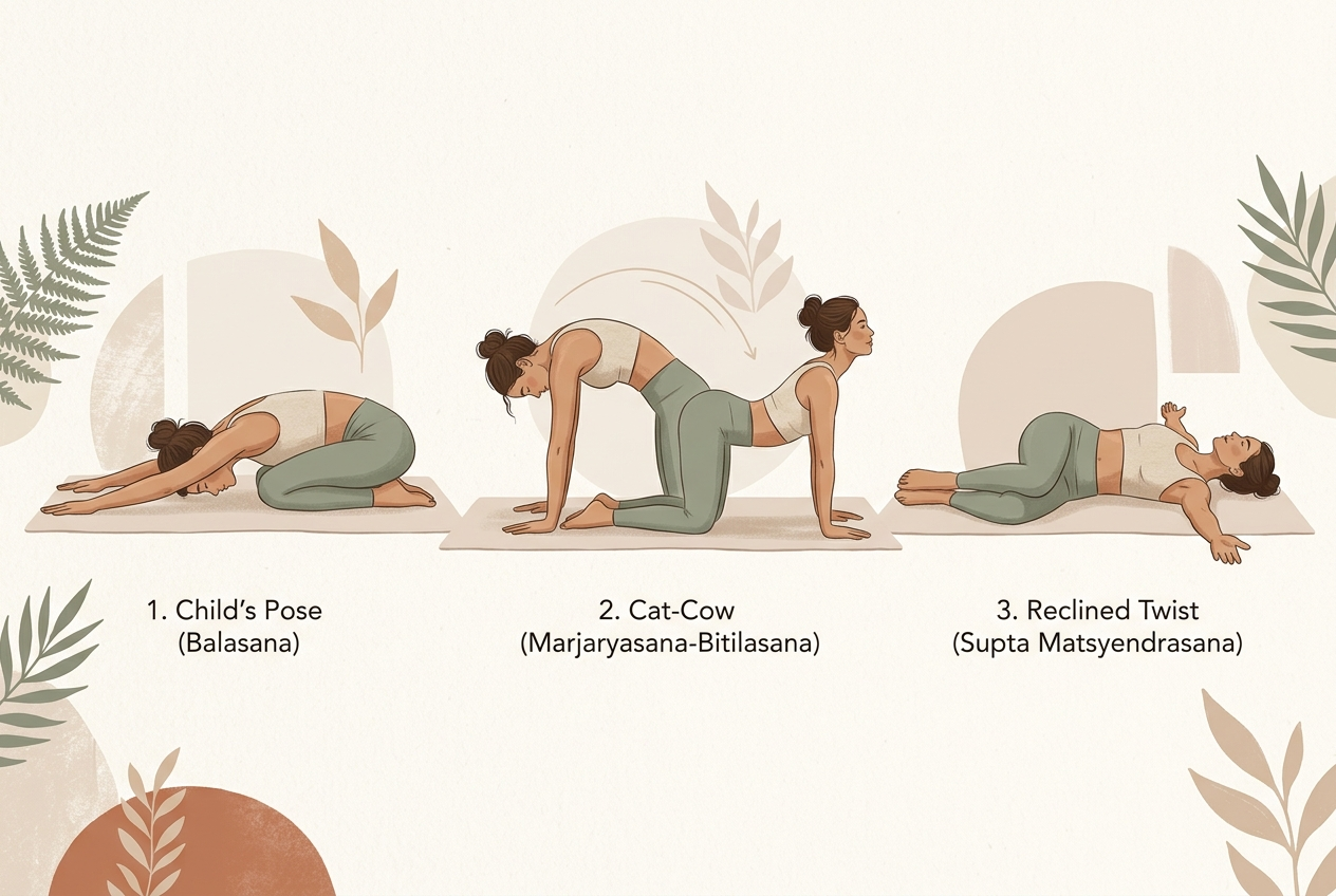 Three gentle yoga positions often used when bloating feels uncomfortable.