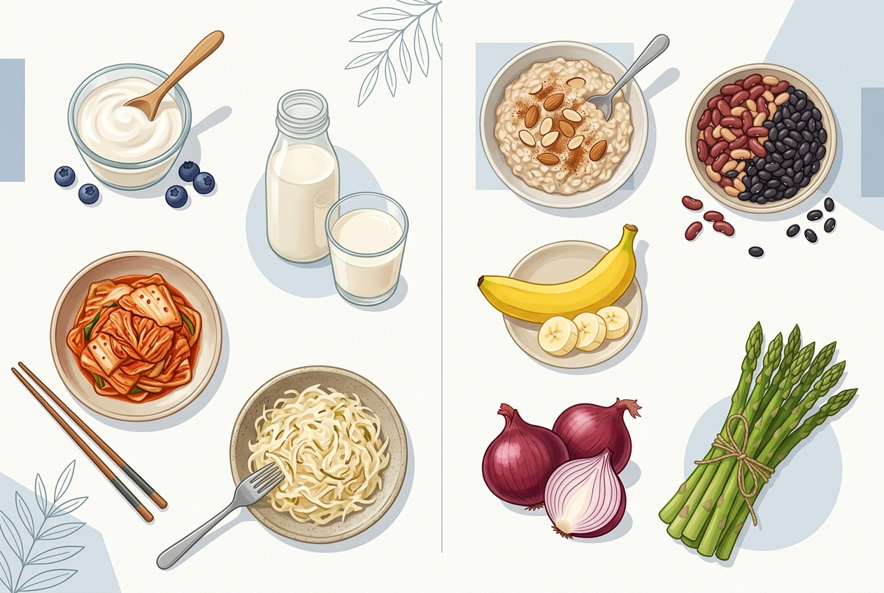 Overhead view comparing fermented probiotic foods with fiber-rich foods that support the gut microbiome.