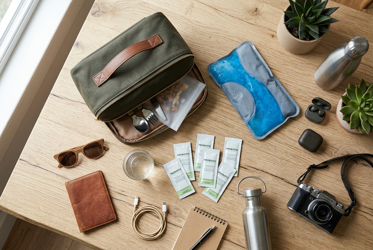 Insulated travel bag with ice pack for transporting refrigerated probiotics during travel