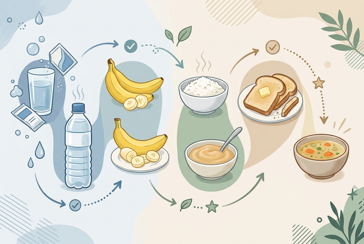 Simple recovery food progression from fluids to bland foods after food poisoning.