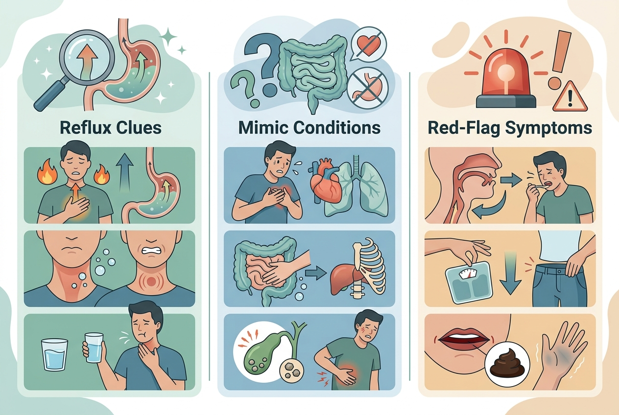 Graphic showing the difference between common reflux clues, lookalike symptoms, and urgent warning signs.