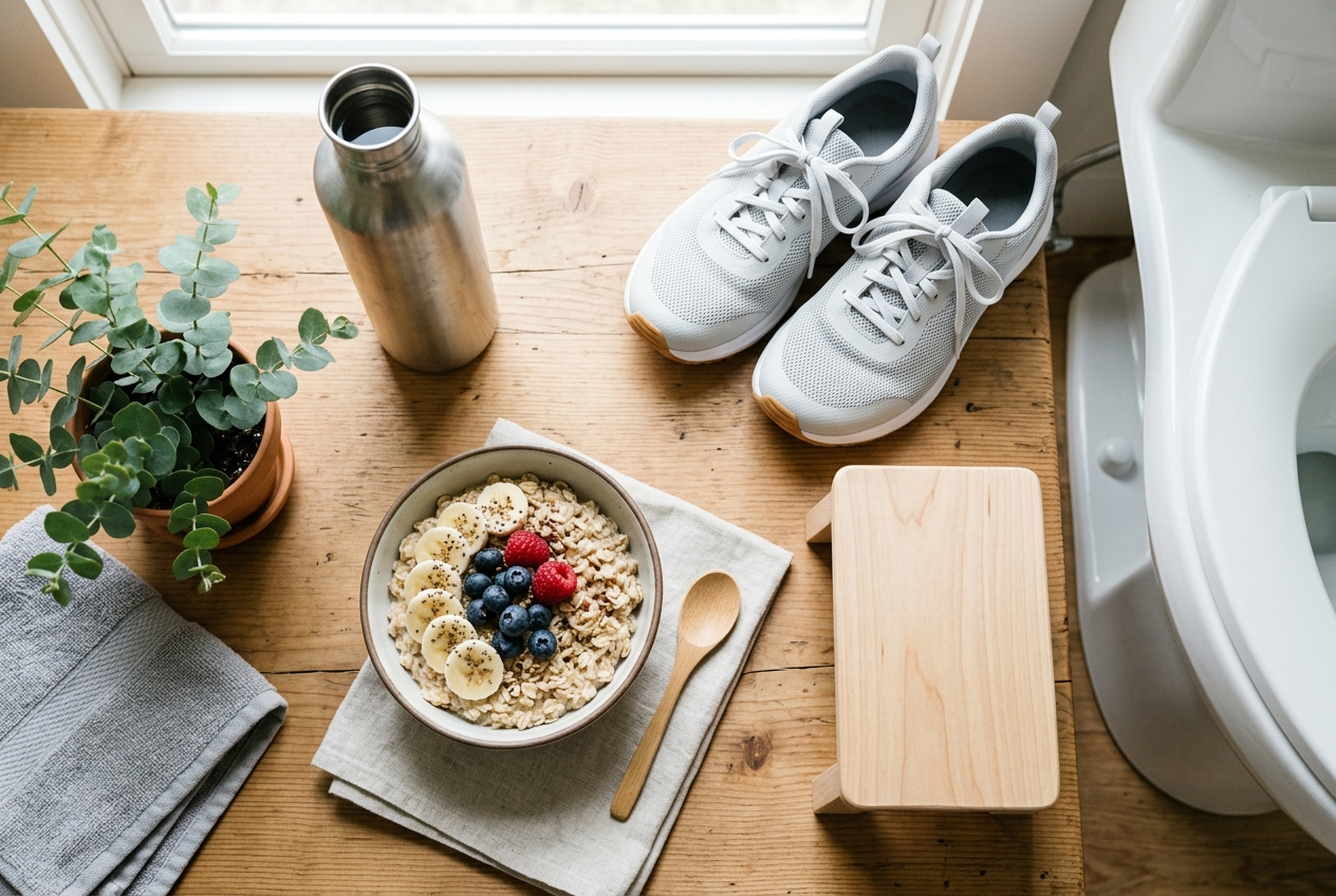 Everyday habits that can support more regular bowel movements, including hydration, fiber, walking, and toilet positioning