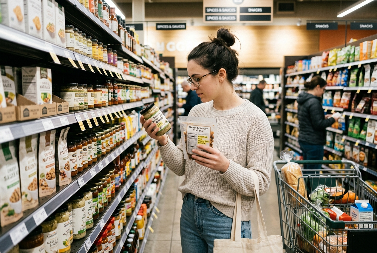 Shopper checking ingredient labels for common high FODMAP ingredients in a grocery aisle