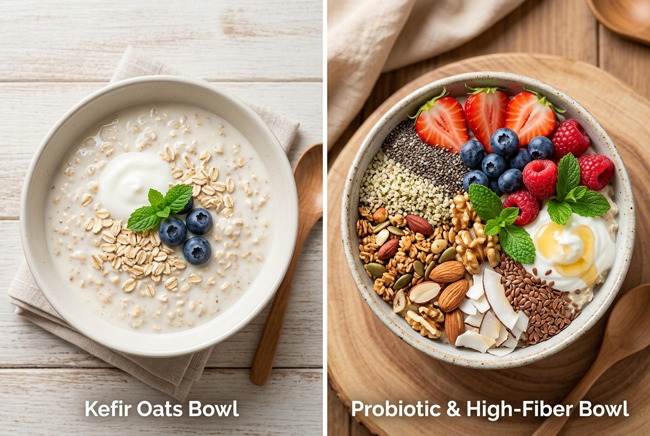 Simple kefir oats bowl beside an overloaded high-fiber breakfast bowl for digestion comparison