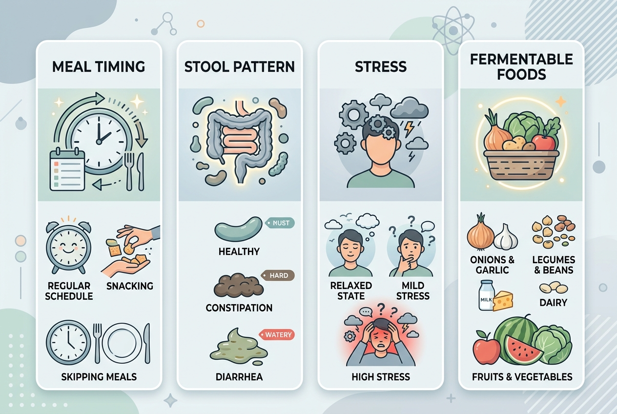 Infographic showing the four main daily patterns that can make digestion feel all over the place.