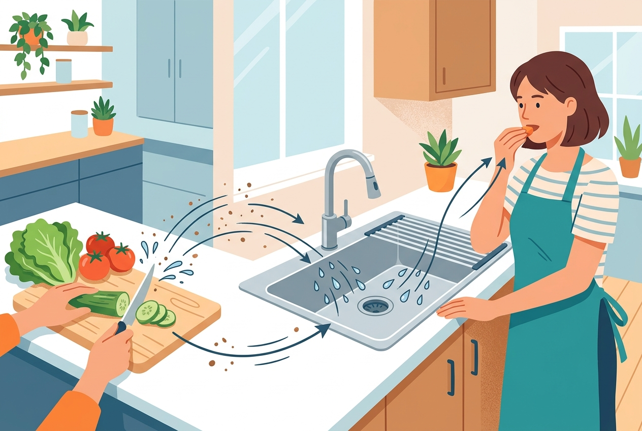 Illustration of how microbes can move from food preparation surfaces to hands and possible swallowed exposure.