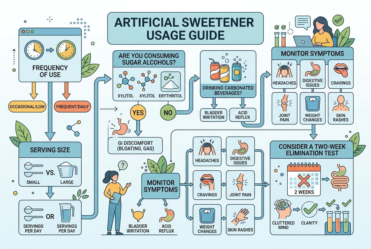Decision-flow infographic for evaluating artificial sweeteners, serving size, sugar alcohols, carbonation, and digestive symptoms.