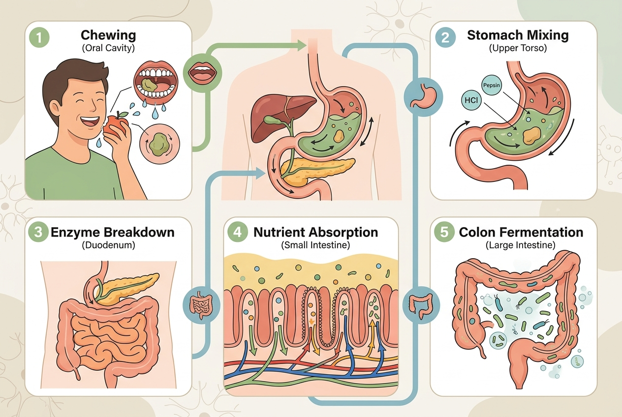 Infographic showing chewing, stomach mixing, enzyme breakdown, nutrient absorption, and colon fermentation.