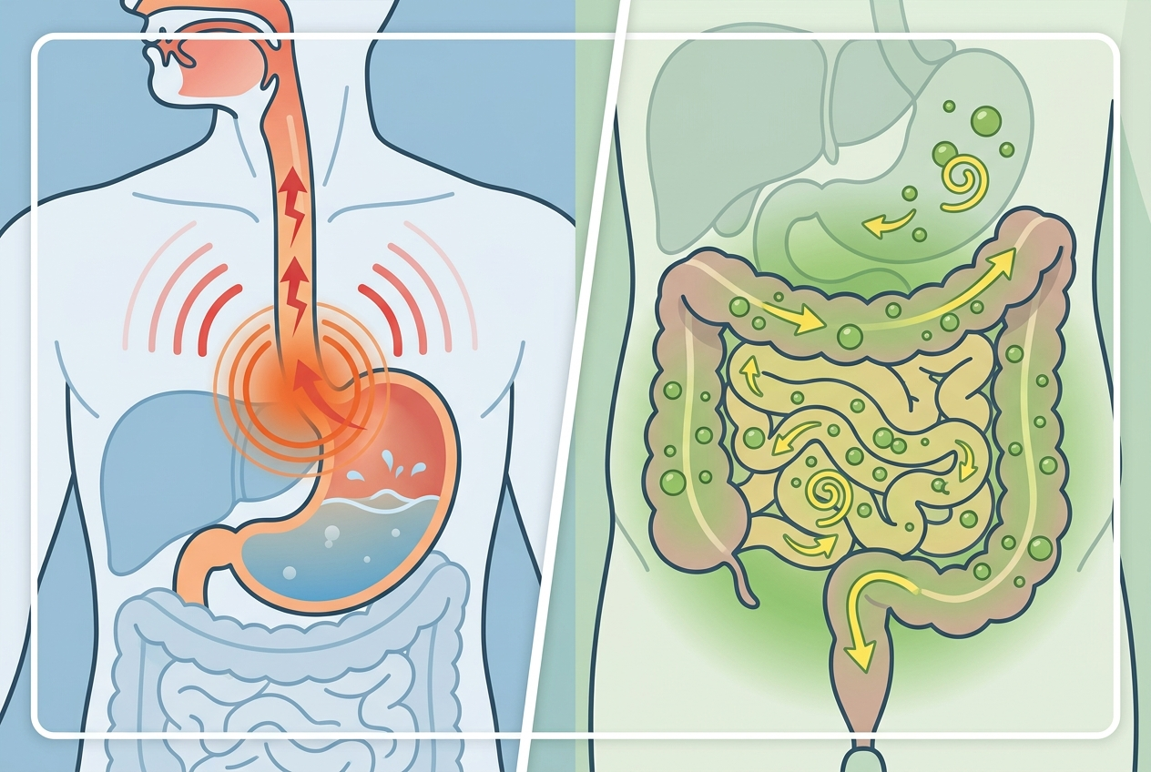 Visual comparison of acid rebound pressure and gas-related bloating.