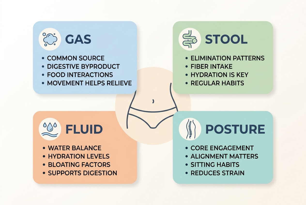 Illustration of gas, stool, fluid, and posture as common reasons a belly can look fuller in the morning.