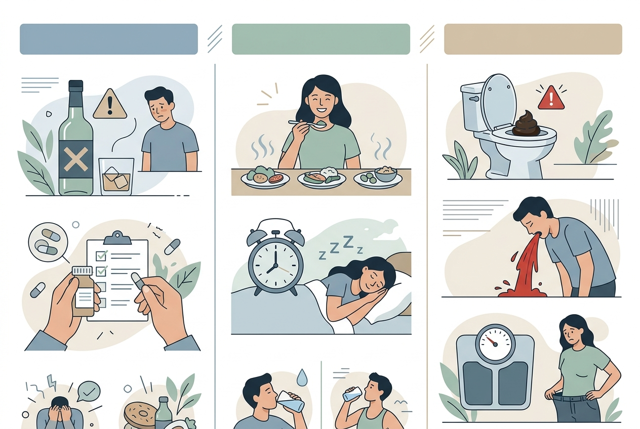 Infographic comparing gastritis irritant patterns, supportive routines, and medical red flags.