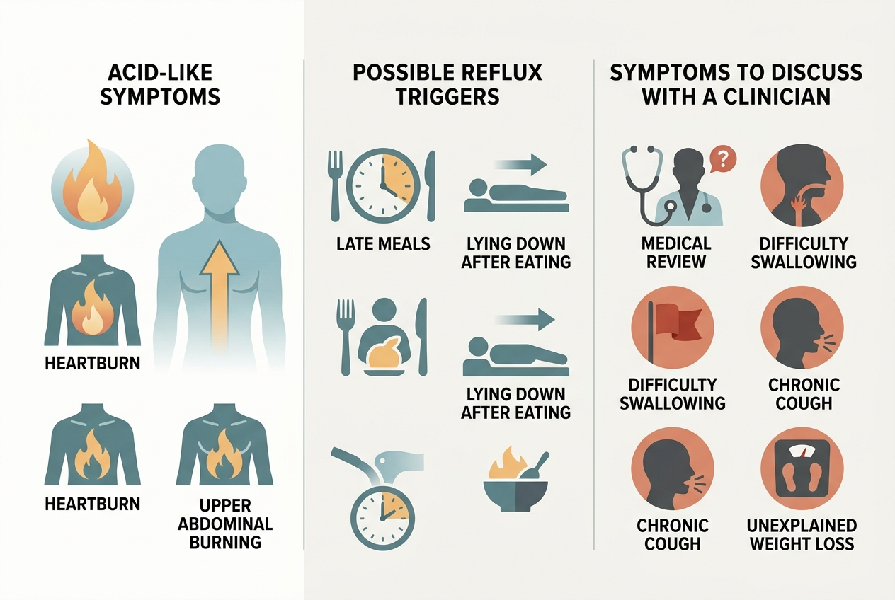 Infographic showing acid-like symptoms, reflux triggers, and symptoms that warrant clinician review.