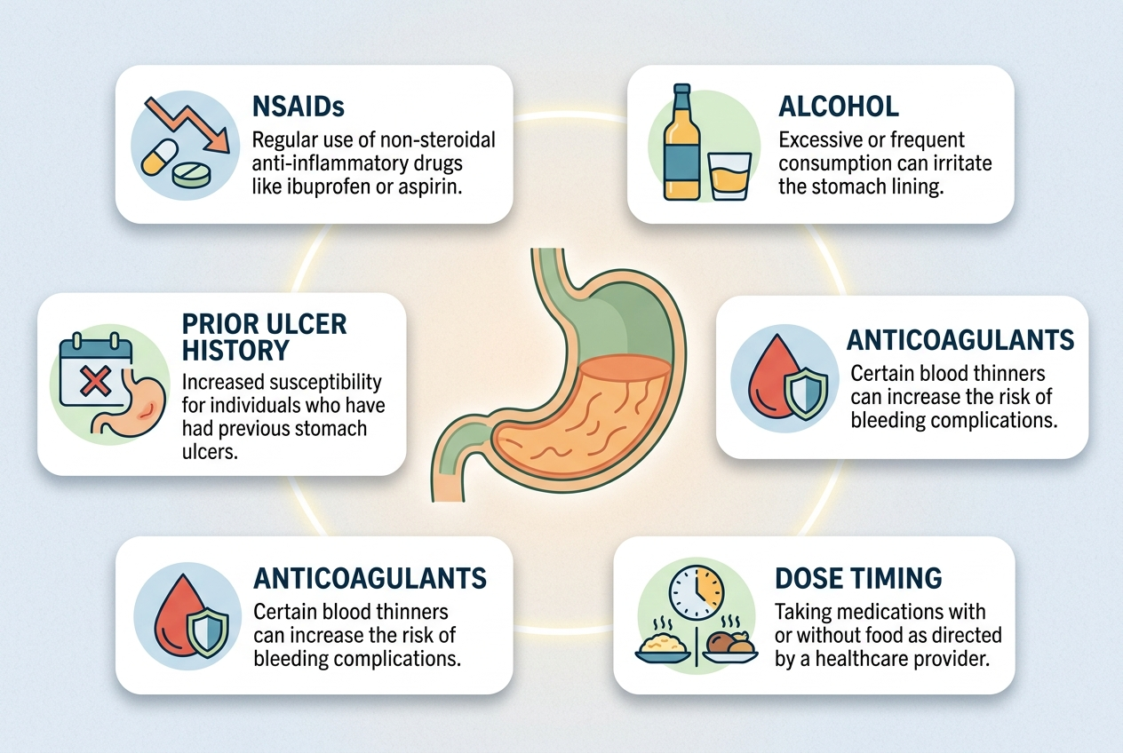 Visual guide to stomach irritation risk factors during methylprednisolone use.