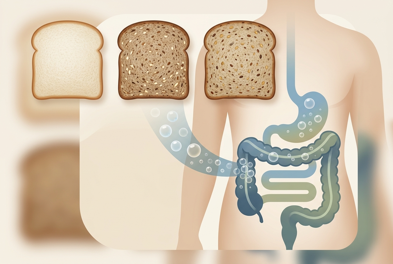 Illustration of different bread textures and gas movement through a simplified colon path.