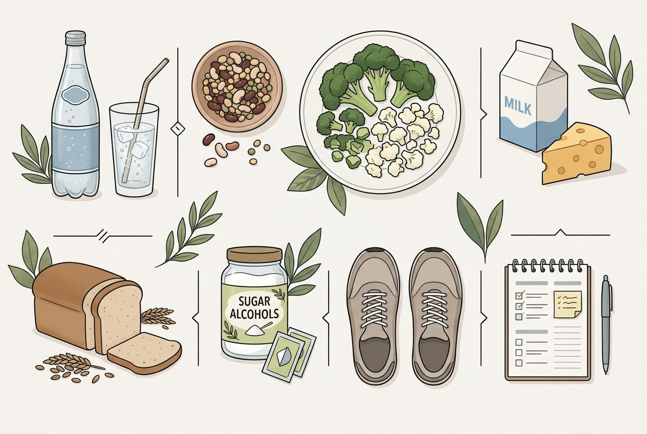 Visual guide to common bloating triggers and symptom tracking clues.