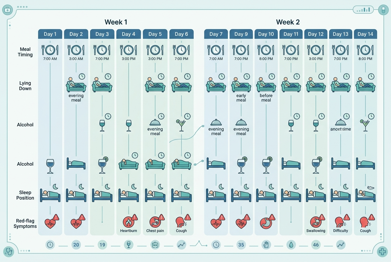 Two-week reflux symptom log showing meal timing, posture, sleep, and red-flag symptom tracking.