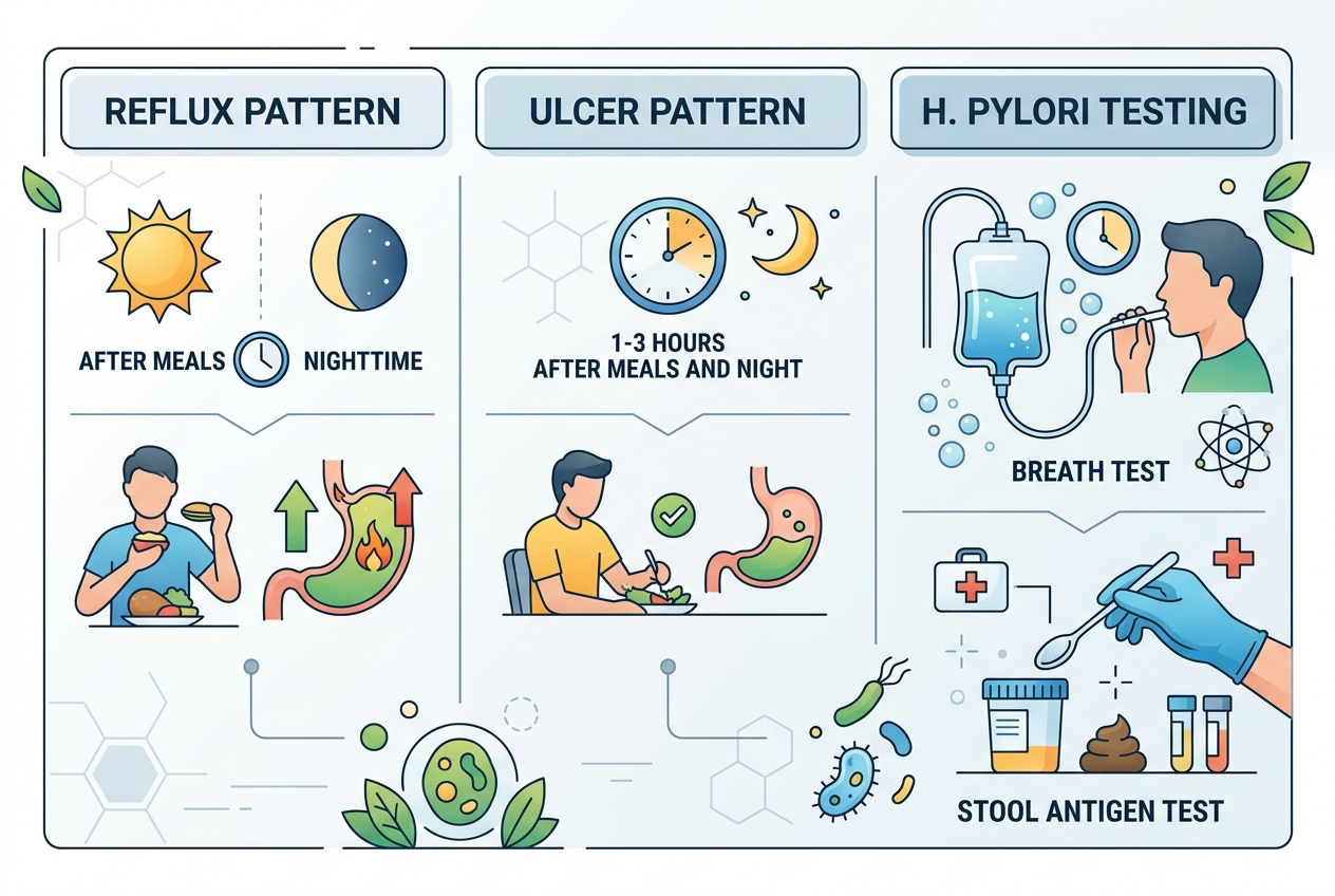 Comparison graphic showing reflux clues, ulcer clues, and noninvasive H. pylori testing