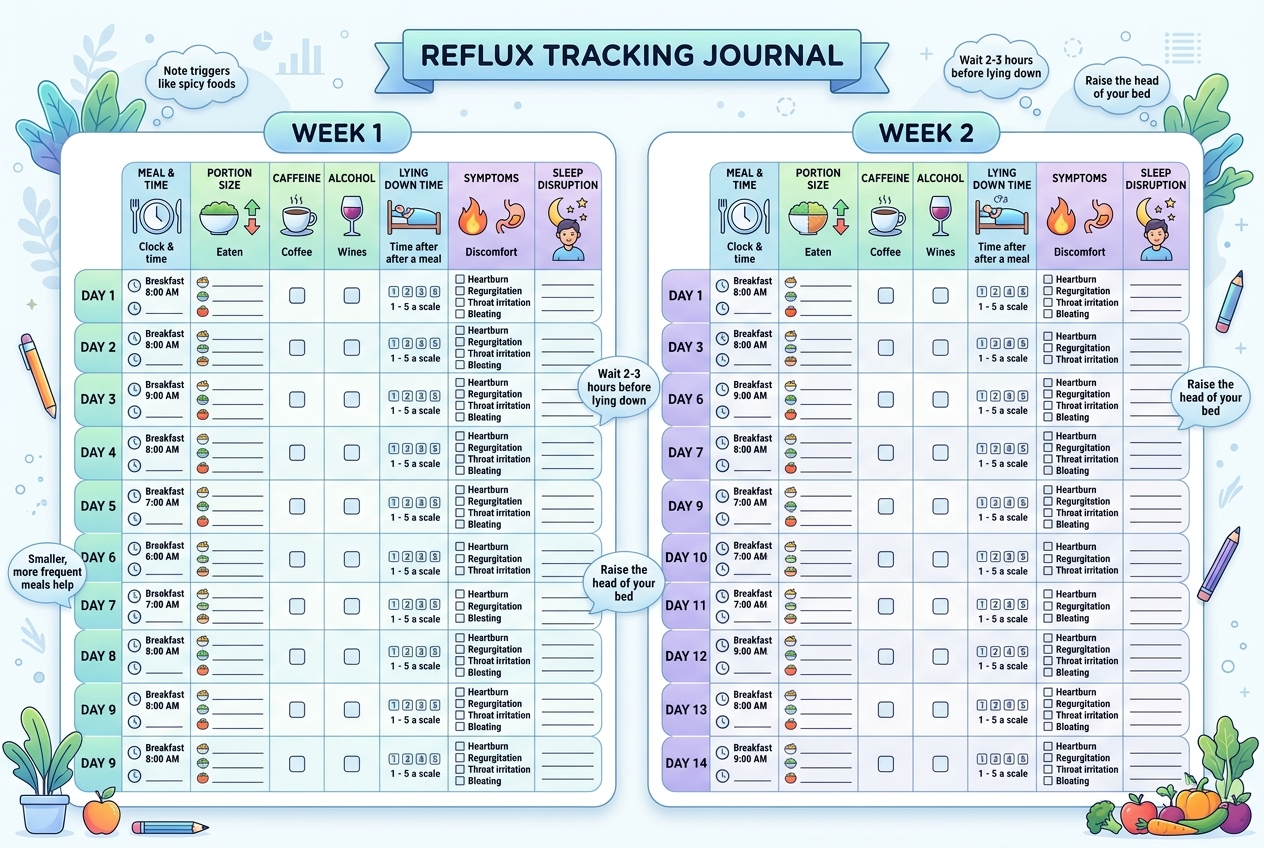 Two-week reflux tracking journal showing meal timing, trigger foods, symptoms, and sleep notes.