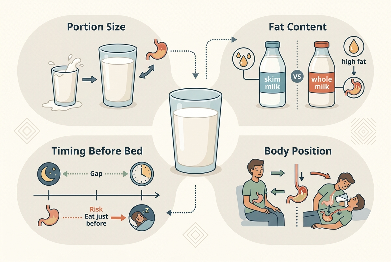 Educational graphic showing how portion size, fat content, timing, and lying down can influence reflux symptoms after drinking milk