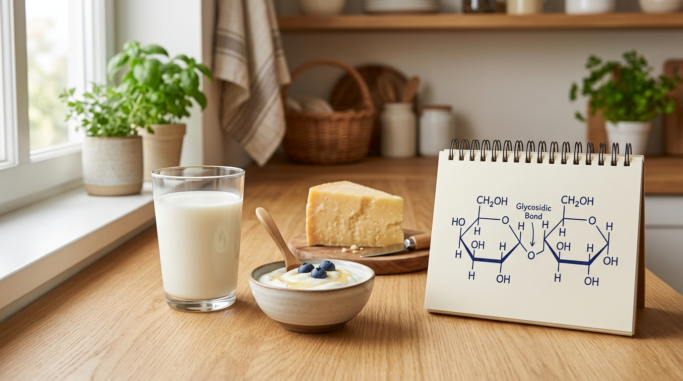 Milk, yogurt, and cheese beside a lactose digestion note.
