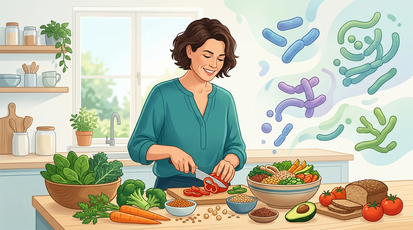 Woman preparing fiber-rich foods while learning about the gut microbiome and estrogen metabolism.