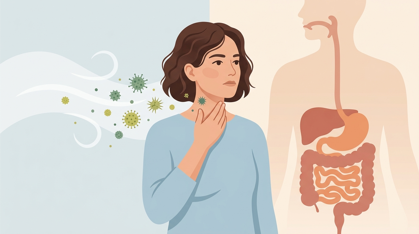Illustration of allergy and acid reflux symptoms overlapping in the throat.