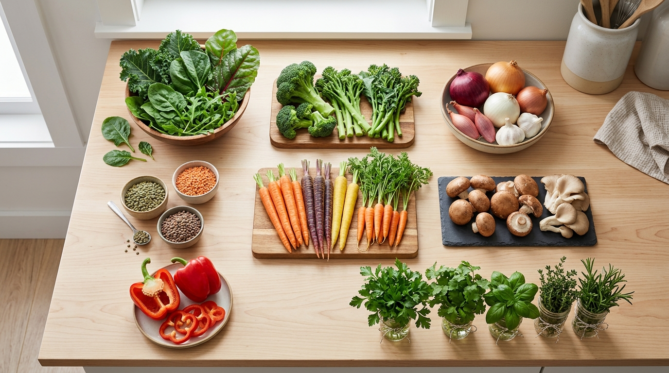 Diverse vegetables arranged by category to support gut microbiome diversity