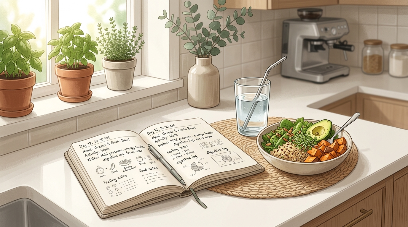 Symptom tracking notebook beside a simple meal for understanding lower belly bloating.
