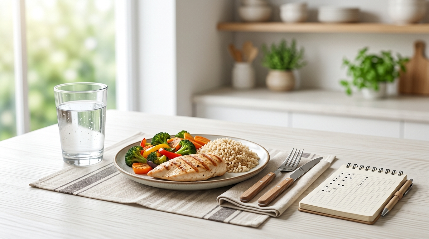 Water glass and meal journal for tracking hydration and reflux patterns.