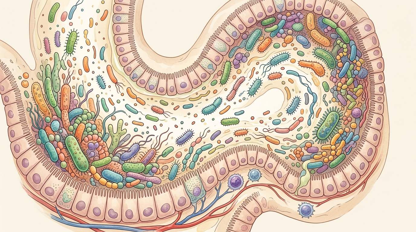 Abstract illustration of gut microbes showing probiotic persistence and colonization resistance.