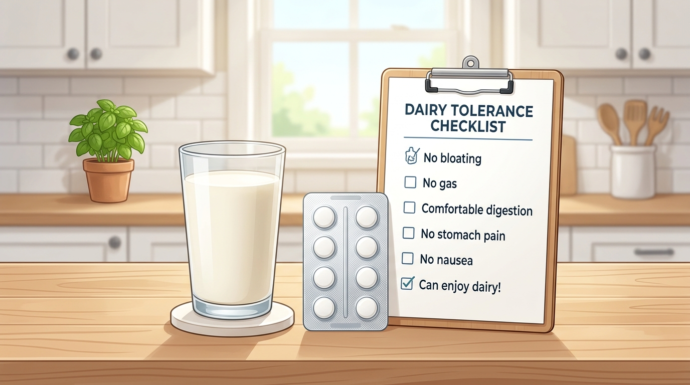 Lactose-free milk, lactase tablets, and a tolerance checklist on a kitchen counter.