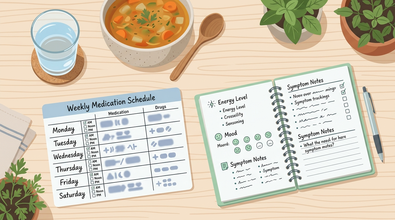 Water, soup, and a symptom tracking notebook for gut issues after antibiotics.