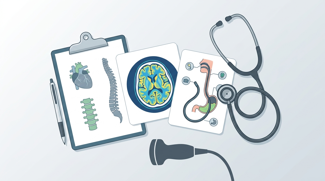 Medical desk comparing CT scan, ultrasound, and endoscopy for digestive symptoms.