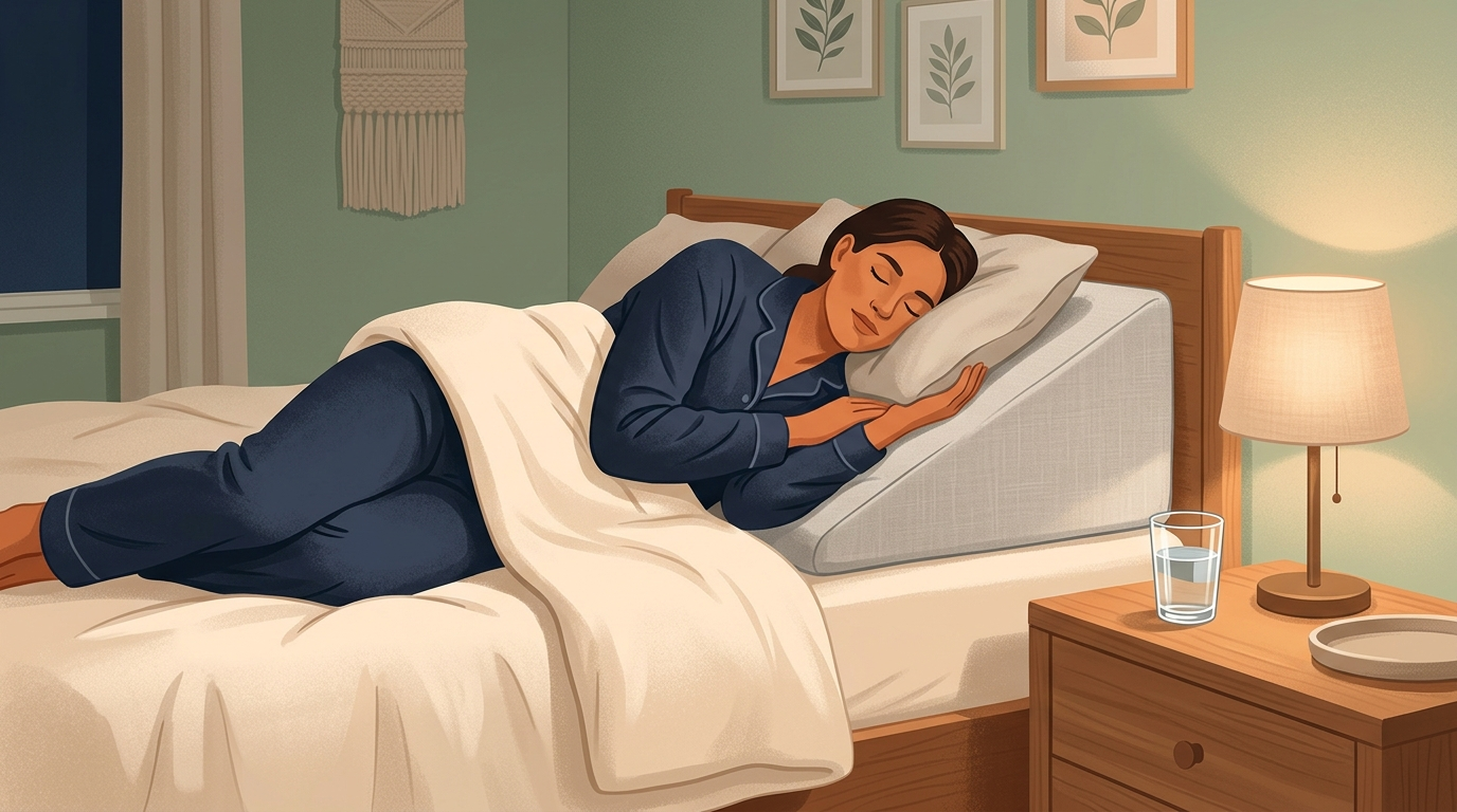 Person sleeping on the left side with upper body elevated to reduce nighttime acidity discomfort.