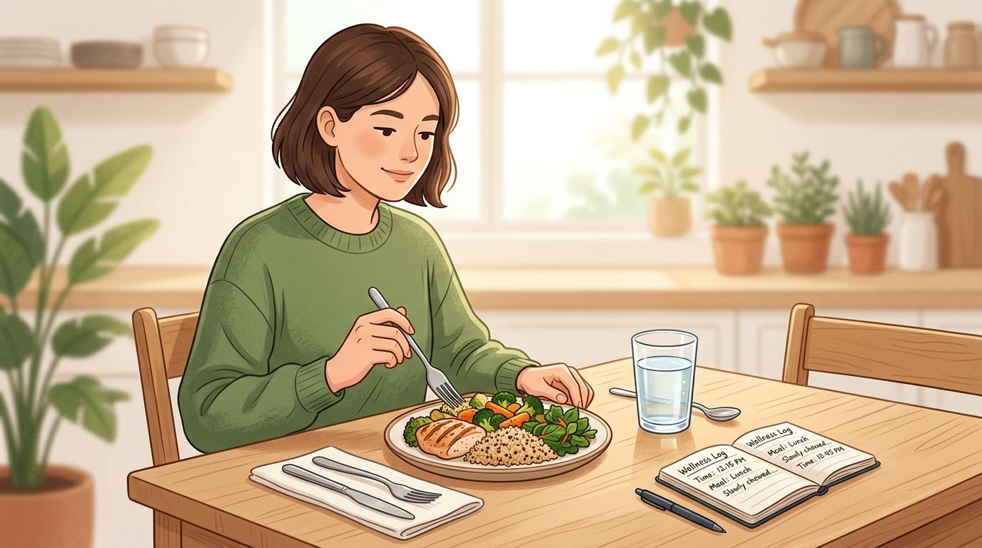 Person eating slowly with water and a symptom timing notebook for tracking bloating during meals.